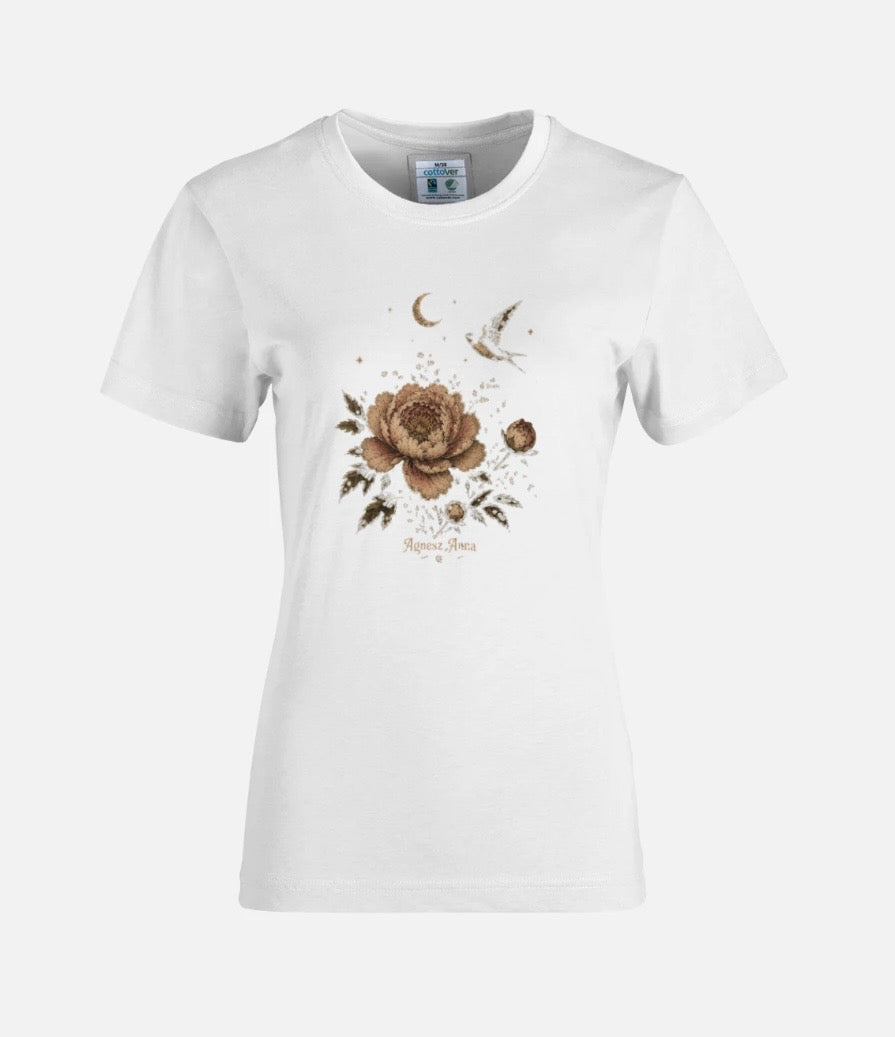 Peony Bloom White Cotton T-Shirt Ladies