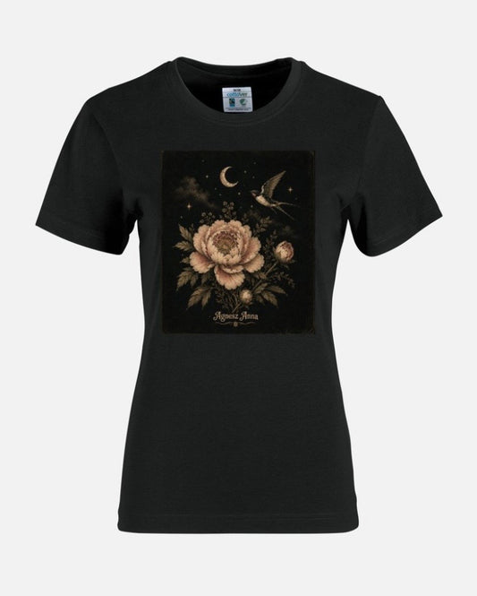 Moonlit Bloom Black Cotton T-Shirt Ladies